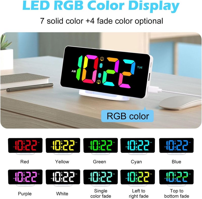 ALANAS RGB Digital Alarm Clock, Color Changing Mood Light with 10 Colors, Dual Alarm with Snooze, Dimmable Display, USB Charger, Adjustable Volume, Plug in, Bedroom Desk Clock for Teens, Adults - Image 3